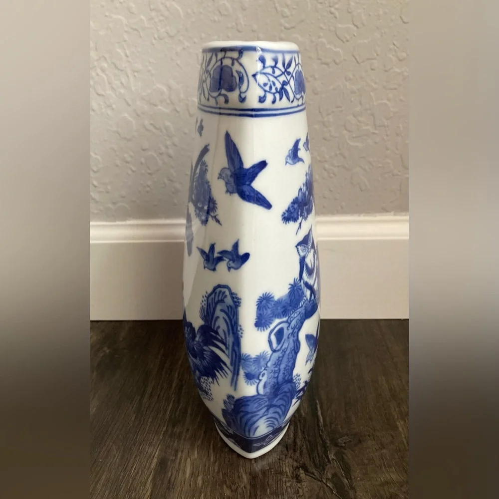 Formalities by Baum Bros Blue White Chinese Vase with Birds Trees Roosters Owl